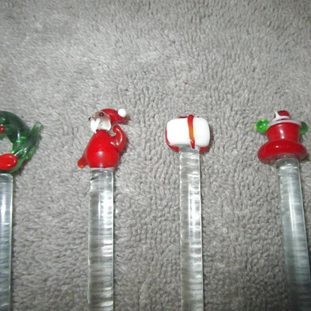 Vtg Hand Blown Glass Christmas Swizzle Sticks Set Of 5 Drink Cocktail Stirrer